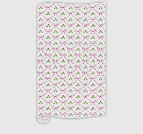 Hand Painted Pink Holly and Bows Wrapping Paper