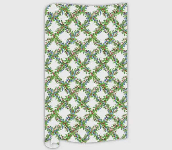 Hand Painted Holly w/ Berry Trellis Ribbon Wrapping Paper