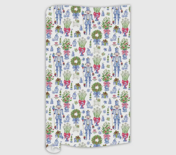 Hand Painted Blue Chinoiserie Ornament and Nutcrackers Wrapping Paper