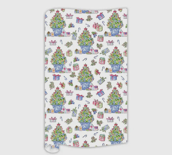 Hand Painted Christmas Tree w/ Blue Ornaments Wrapping Paper