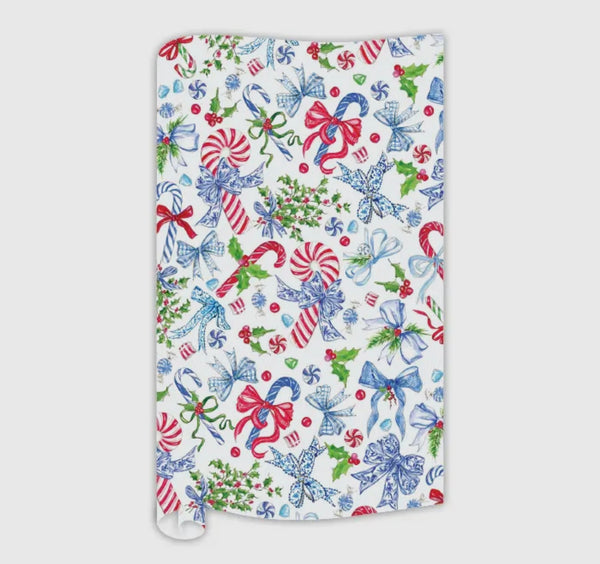 Hand Painted Blue Chinoiserie Bows w/ Candy Canes Wrapping Paper