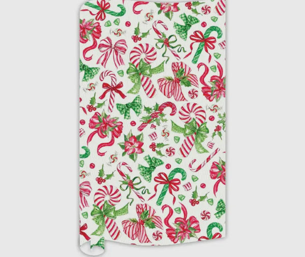 Hand Painted Red and Green Bow Poinsettias and Candy Cane Wrapping Paper