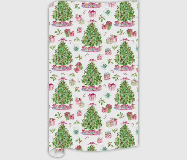Hand Painted Pink Christmas Trees w/ Ornaments and Bows Wrapping Paper